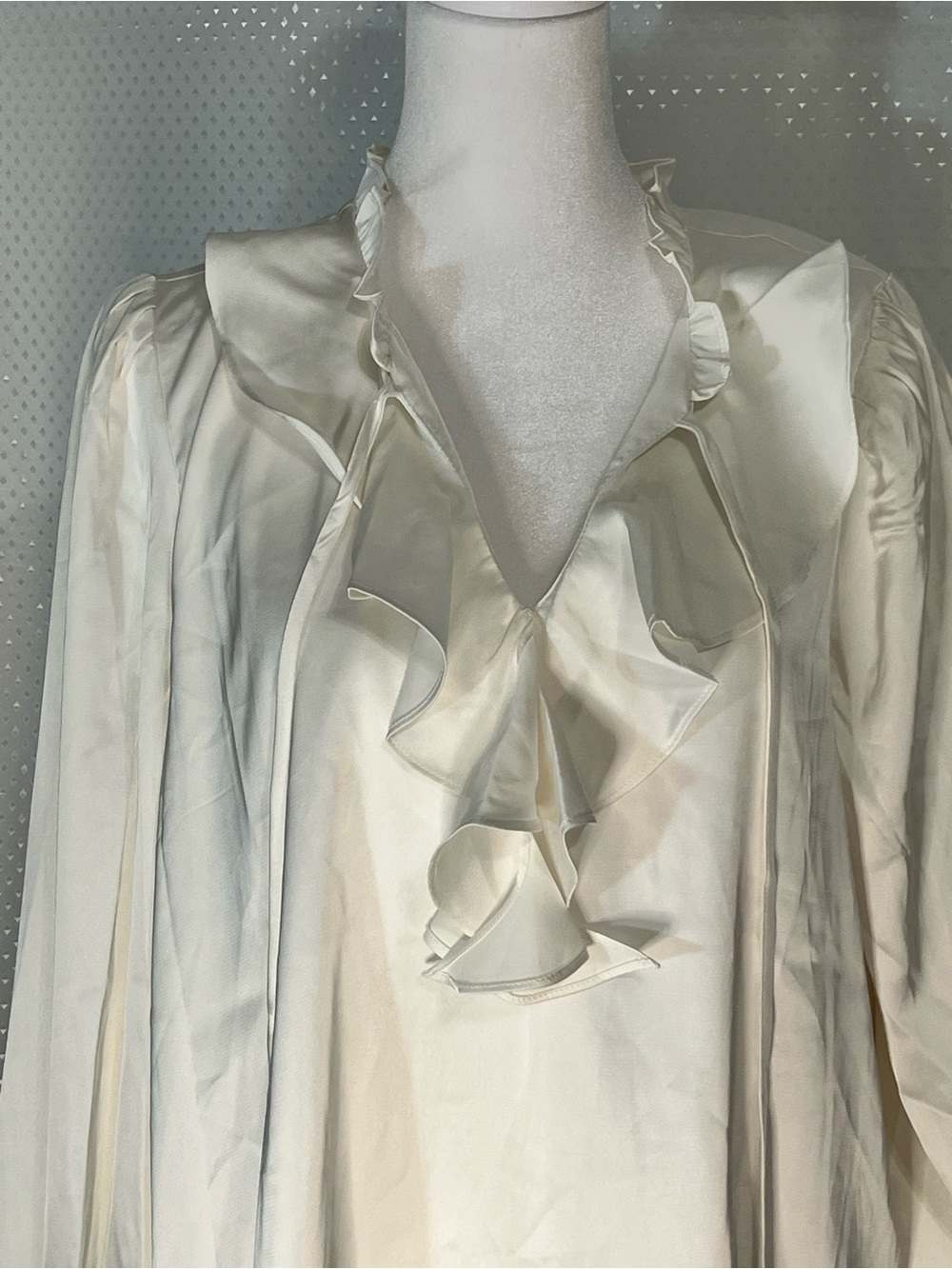 Everly Rose White Satin Ruffled V-Neck Satin Chemise Blouse